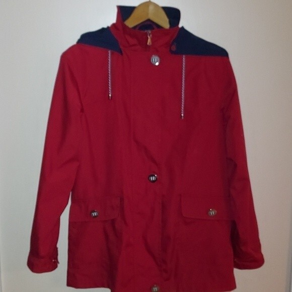 ST JOHNS BAY Womens Red Navy Blue Hooded Raincoat‎ Jacket Nautical Small - Picture 1 of 10